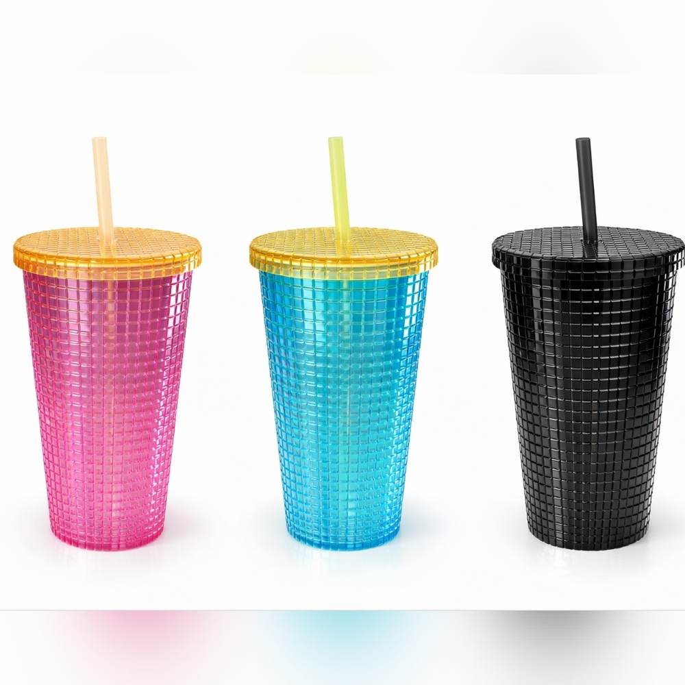 ✨ Studded-Style Textured Tumbler 28oz | Glam Grid Reusable Cup w/ Straw